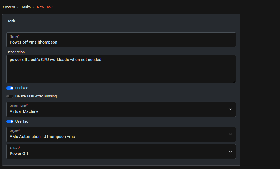 Task to power off tagged VMs - Dark Mode