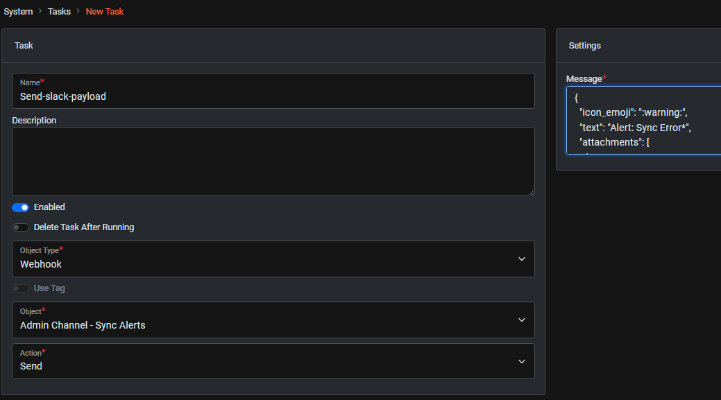 Create Slack webhook task - Dark Mode