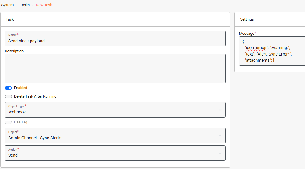 Create Slack webhook task - Light Mode